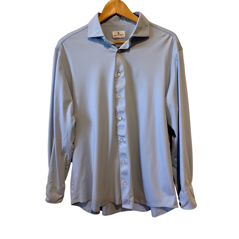 Emanuel Berg Modern Fit Button Up Shirt 4Flex Blue Size L Stretch Preppy Career